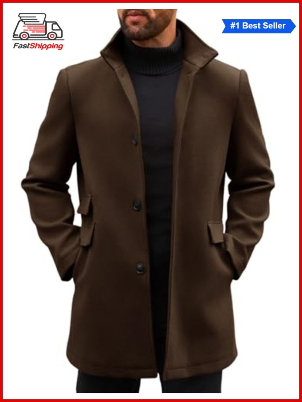 ✨ Mens Pea Coat Single Breasted Mid Long Trench Coat Overcoat Polyester